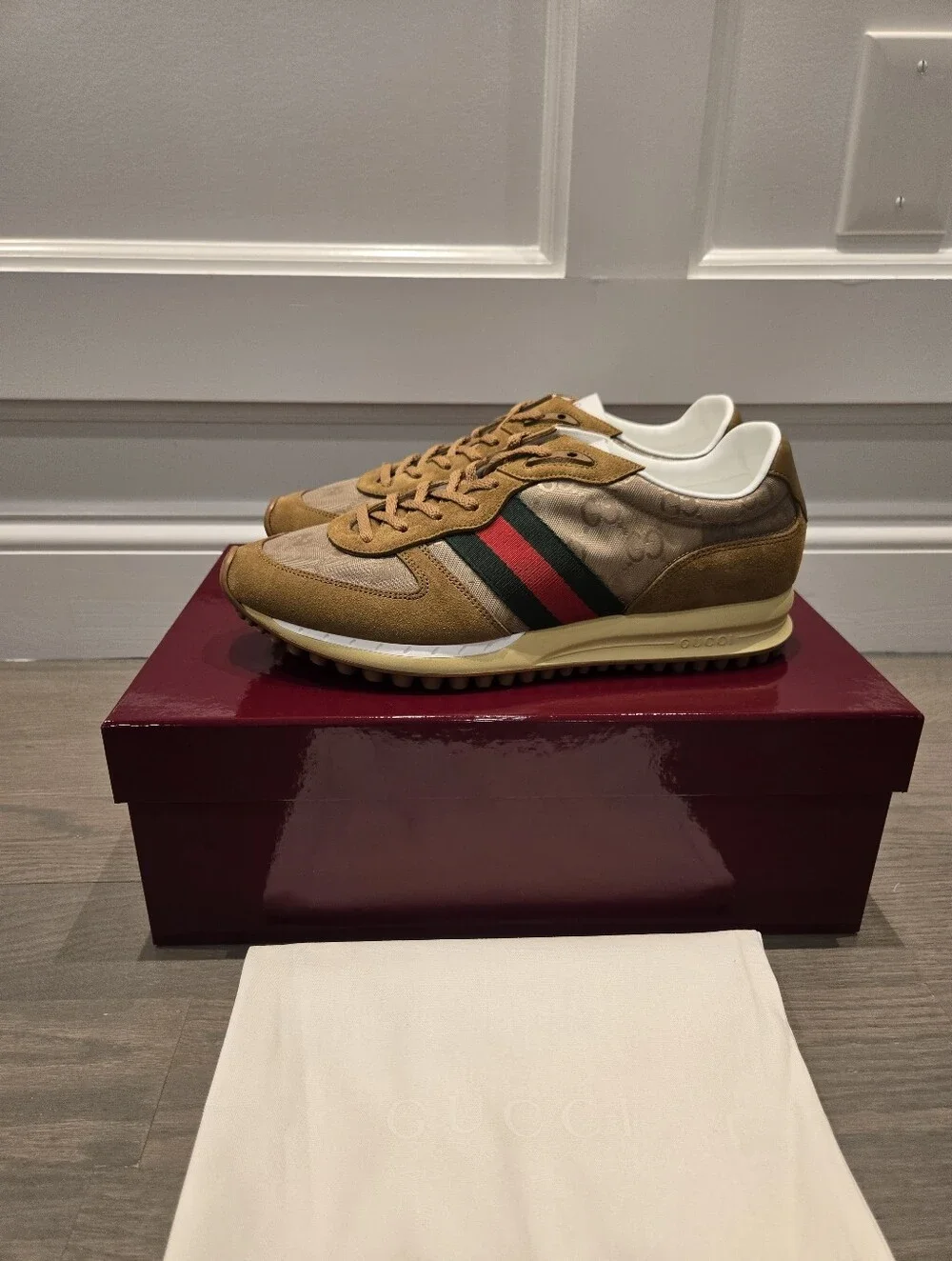 $980 Gucci Re-Motion GG Canvas Suede Sneaker Men's Camel UK 9 US 9.5 EU 42.5 NIB